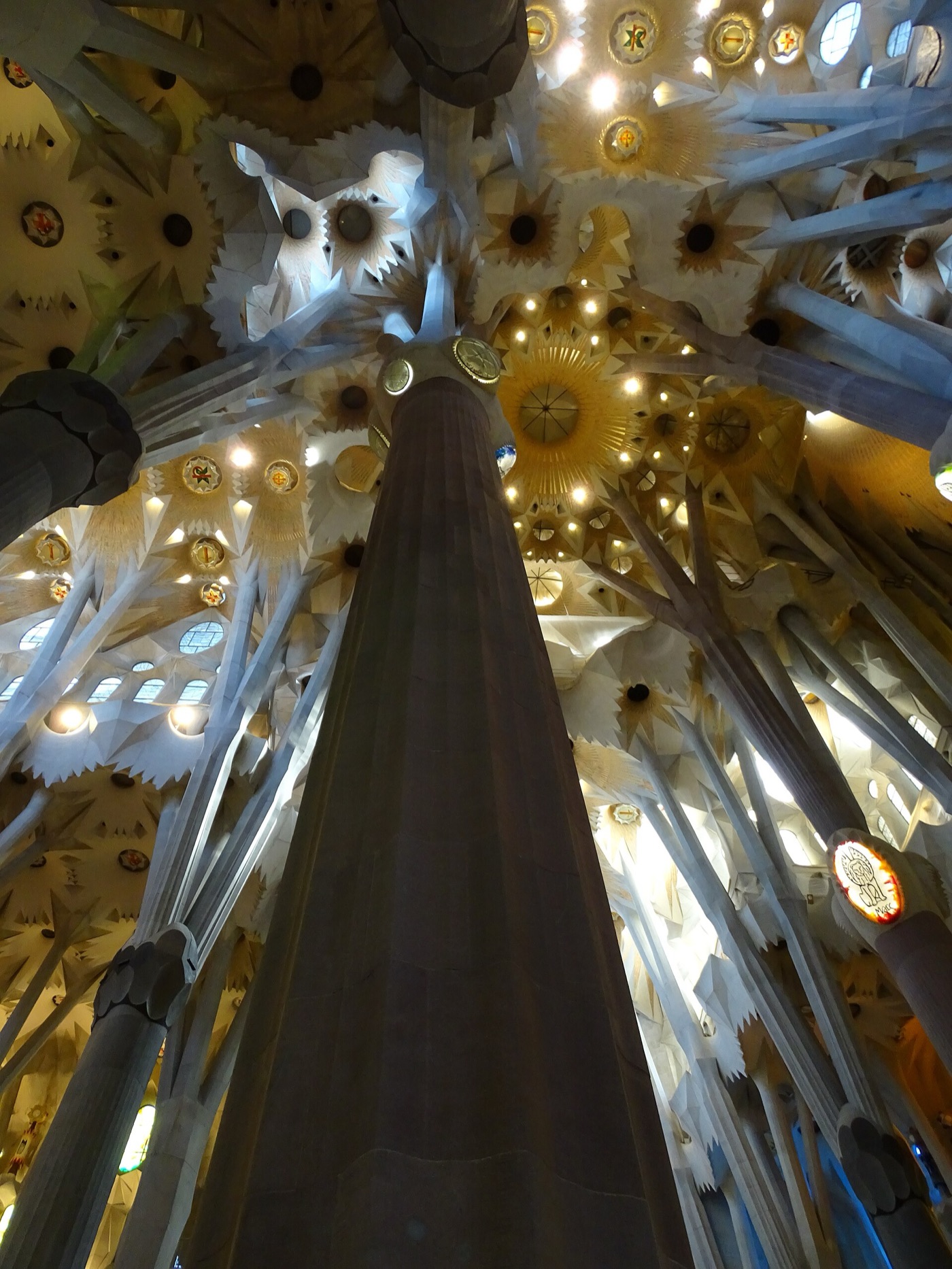 Branching columns and stained glass inside the Sagrada Família