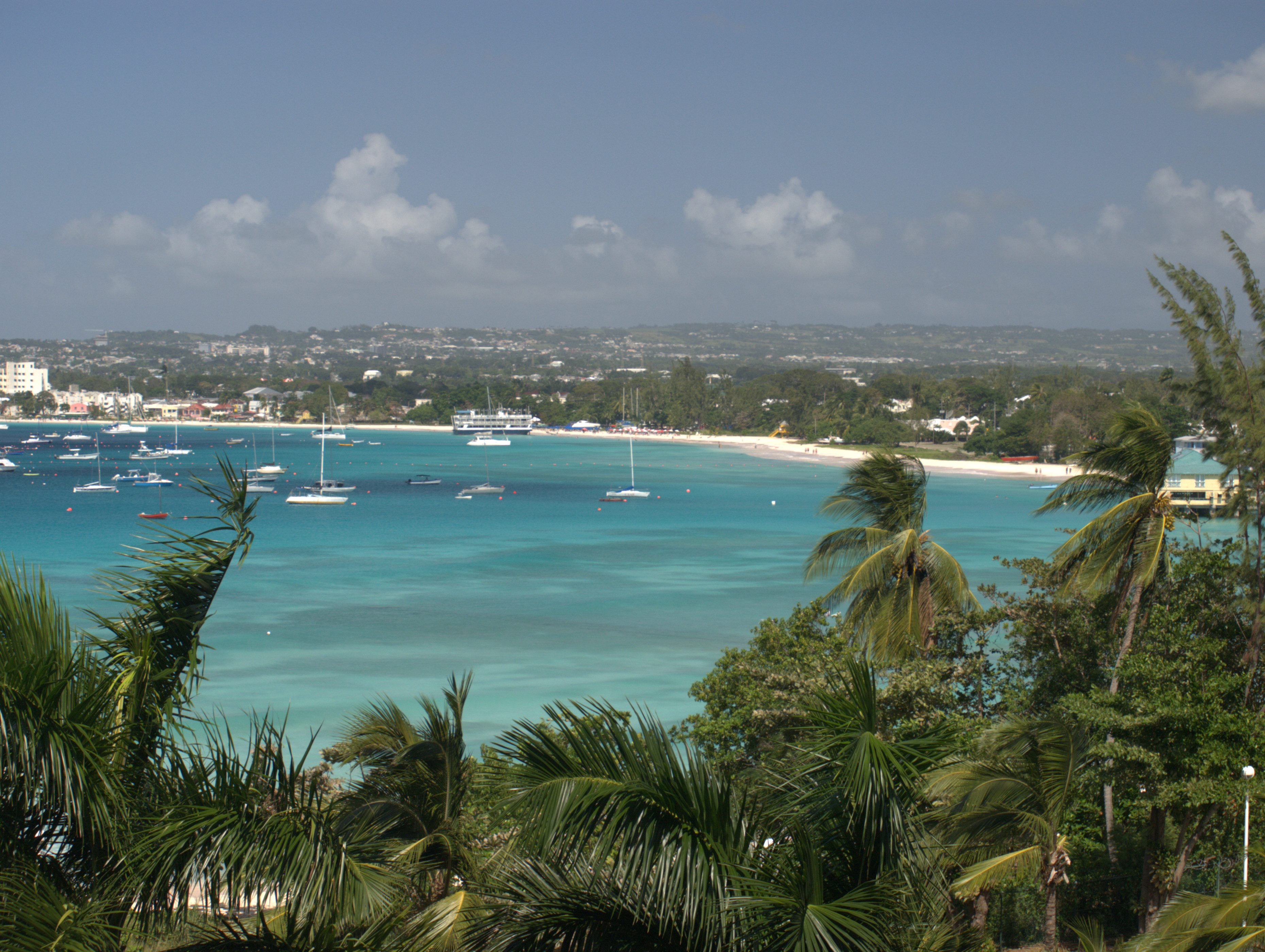 Carlisle Bay with Bridgetown to the left and the Barbados Yacht Club pier among the trees
