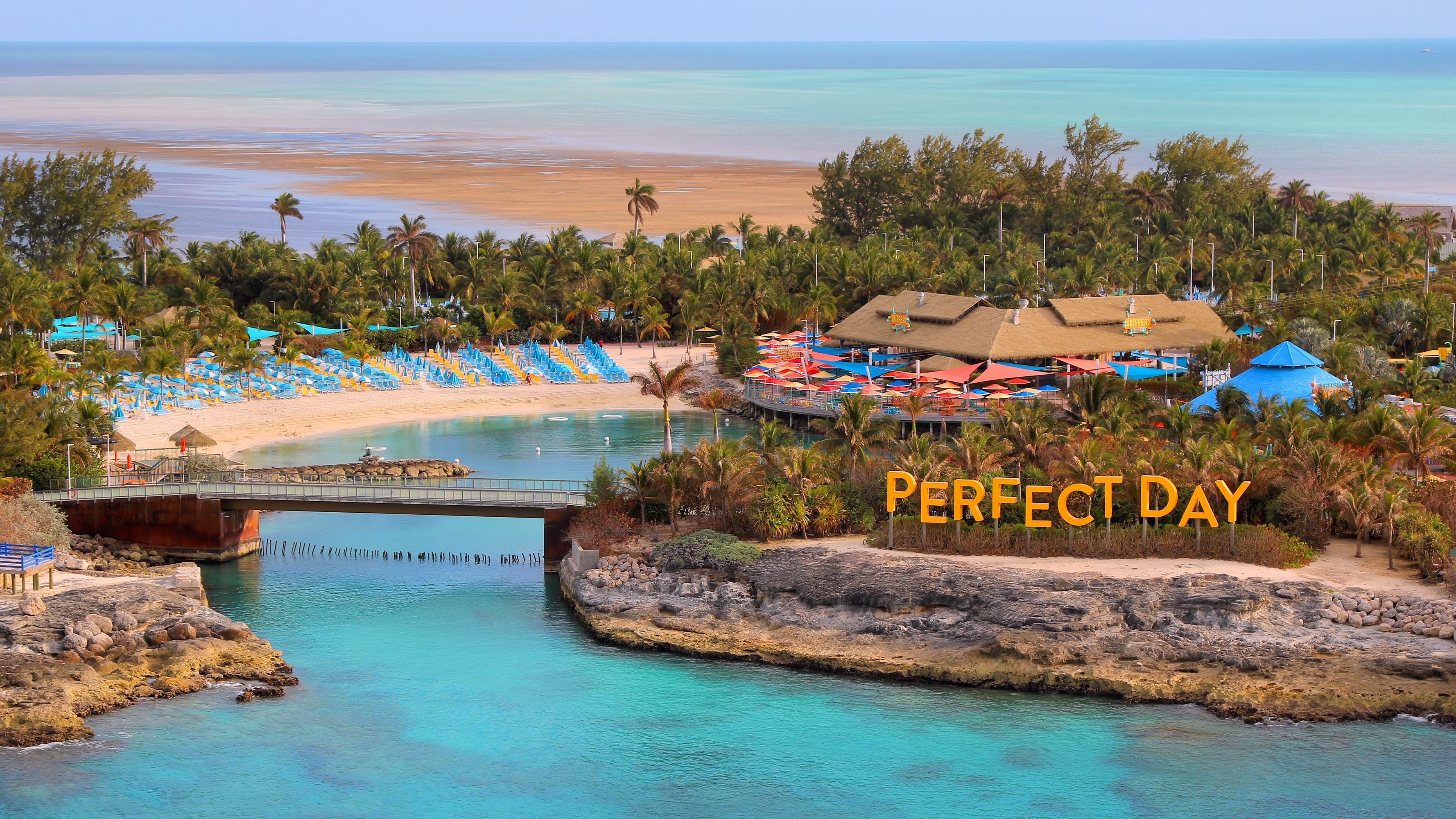 The Harbor Beach area of Perfect Day at CocoCay, with the beach and Chill Grill