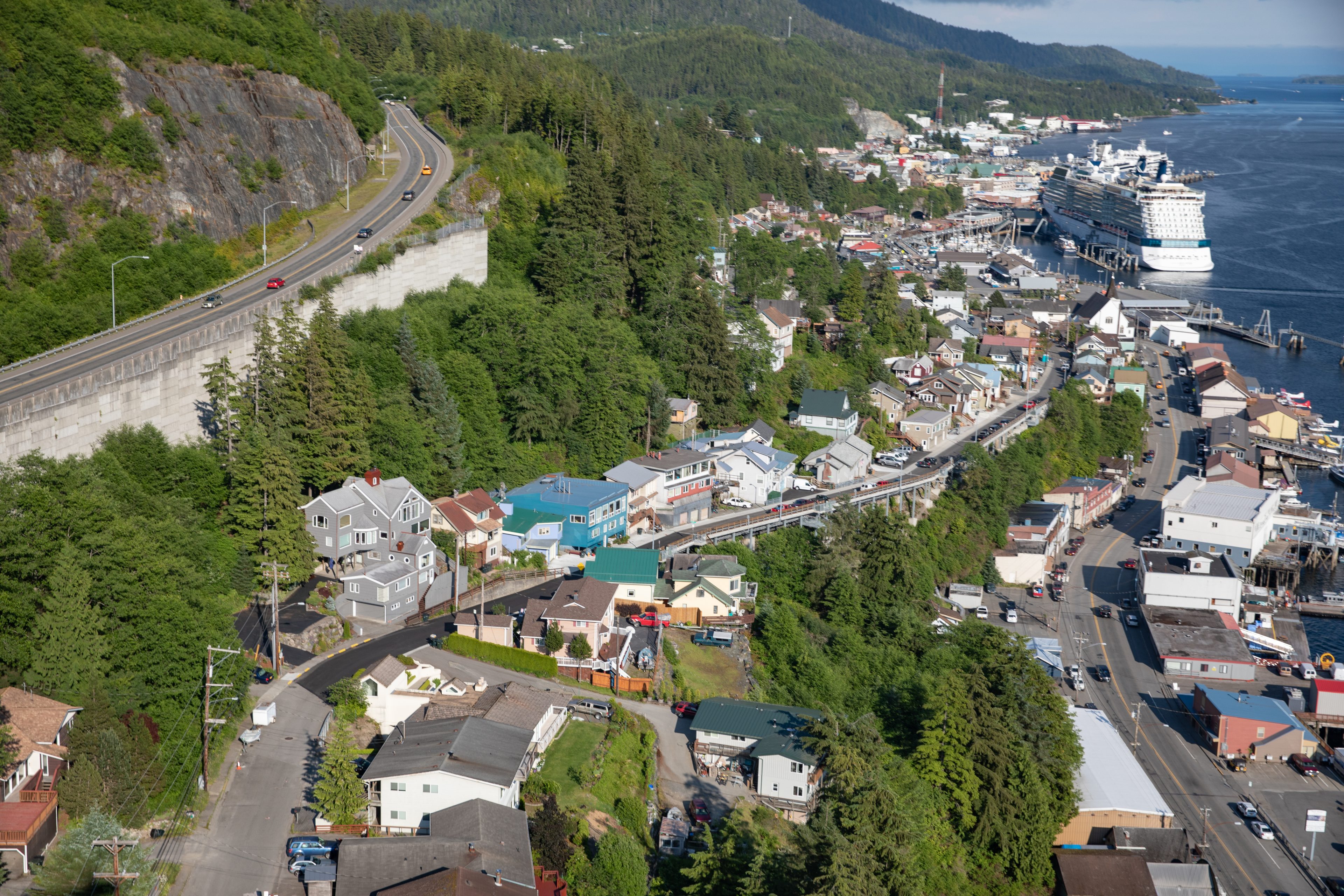 Aerial view of downtown Ketchikan and the cruise ships at its waterfront