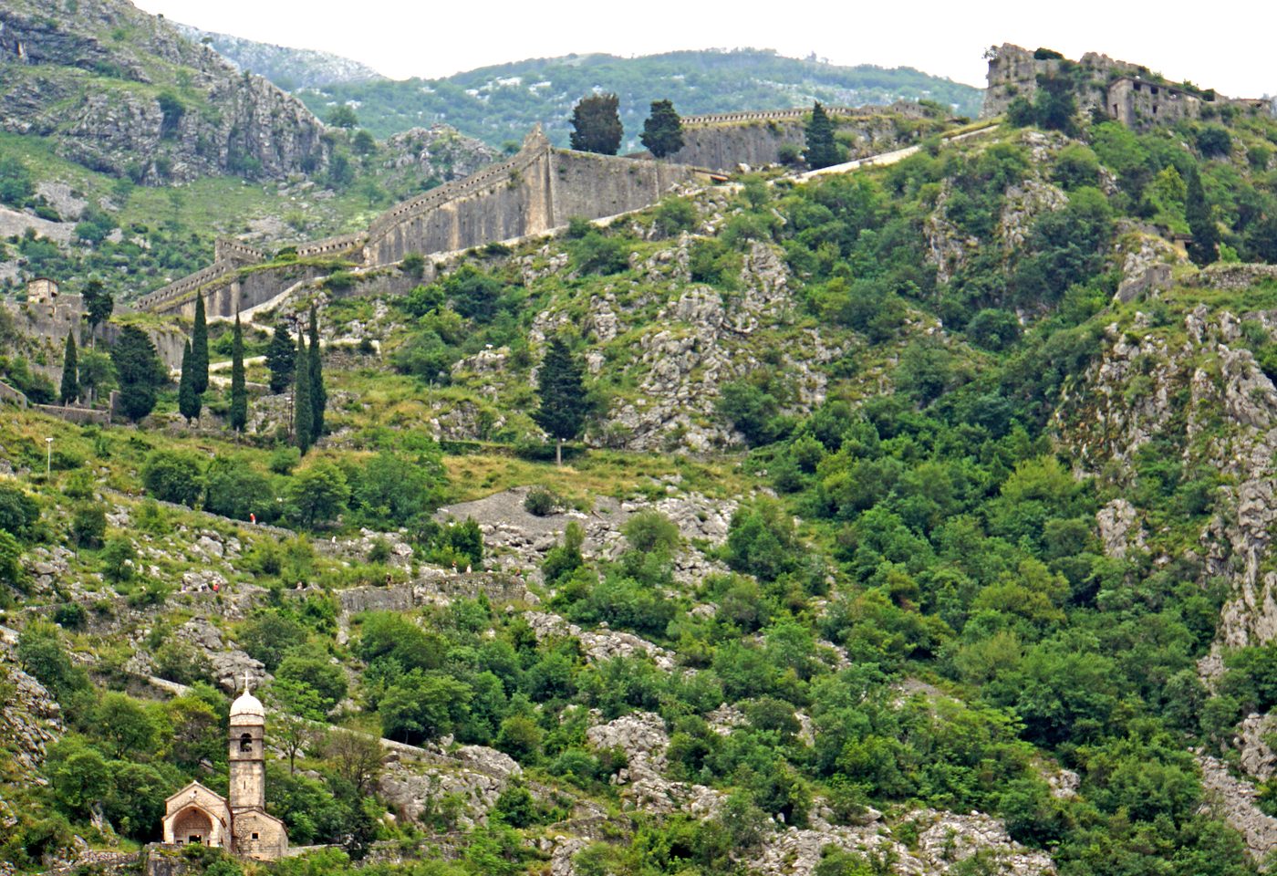 The Kotor fortifications zigzagging up the mountain to San Giovanni fortress