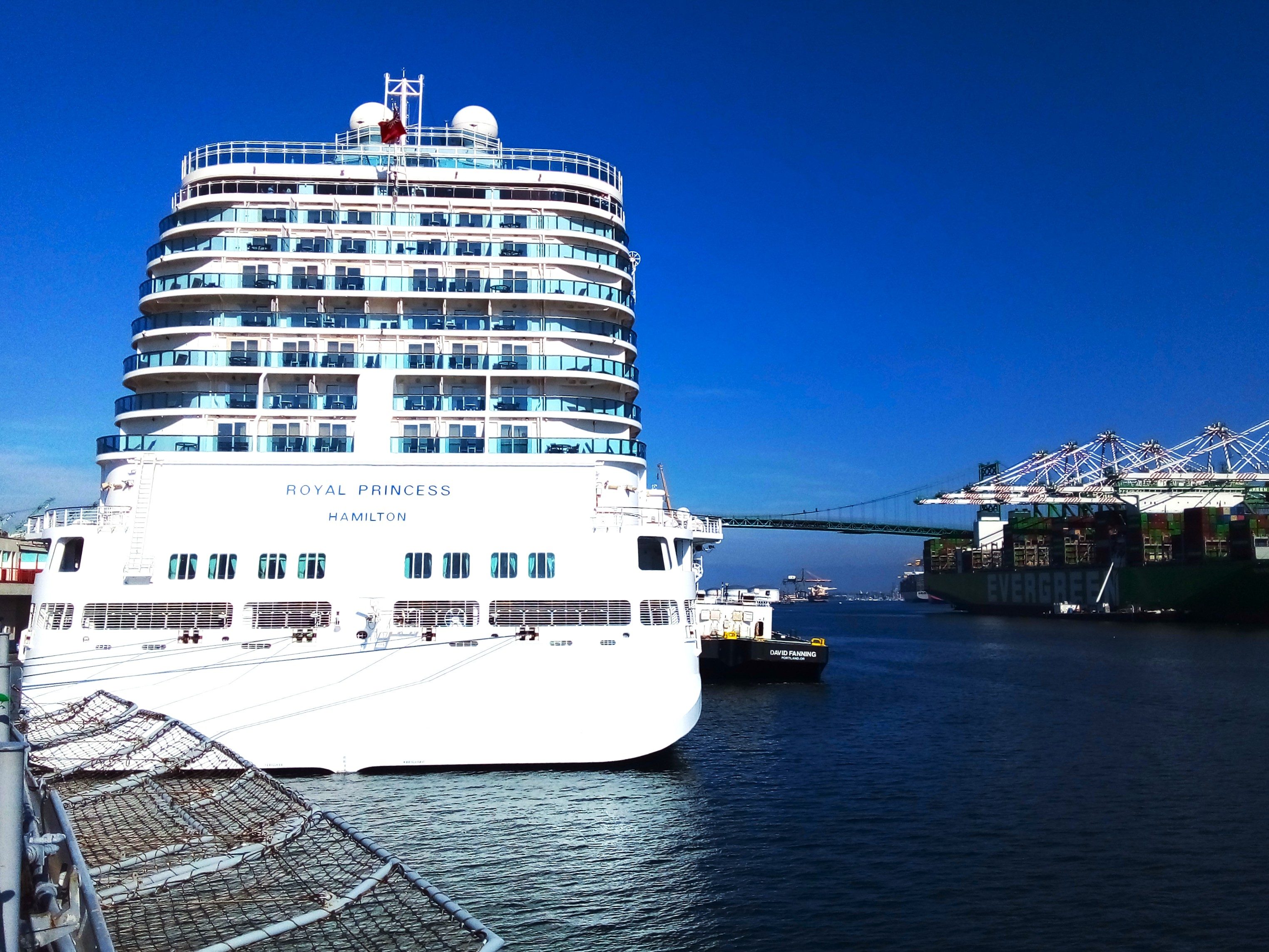Royal Princess at the World Cruise Center in San Pedro, with harbor cranes behind