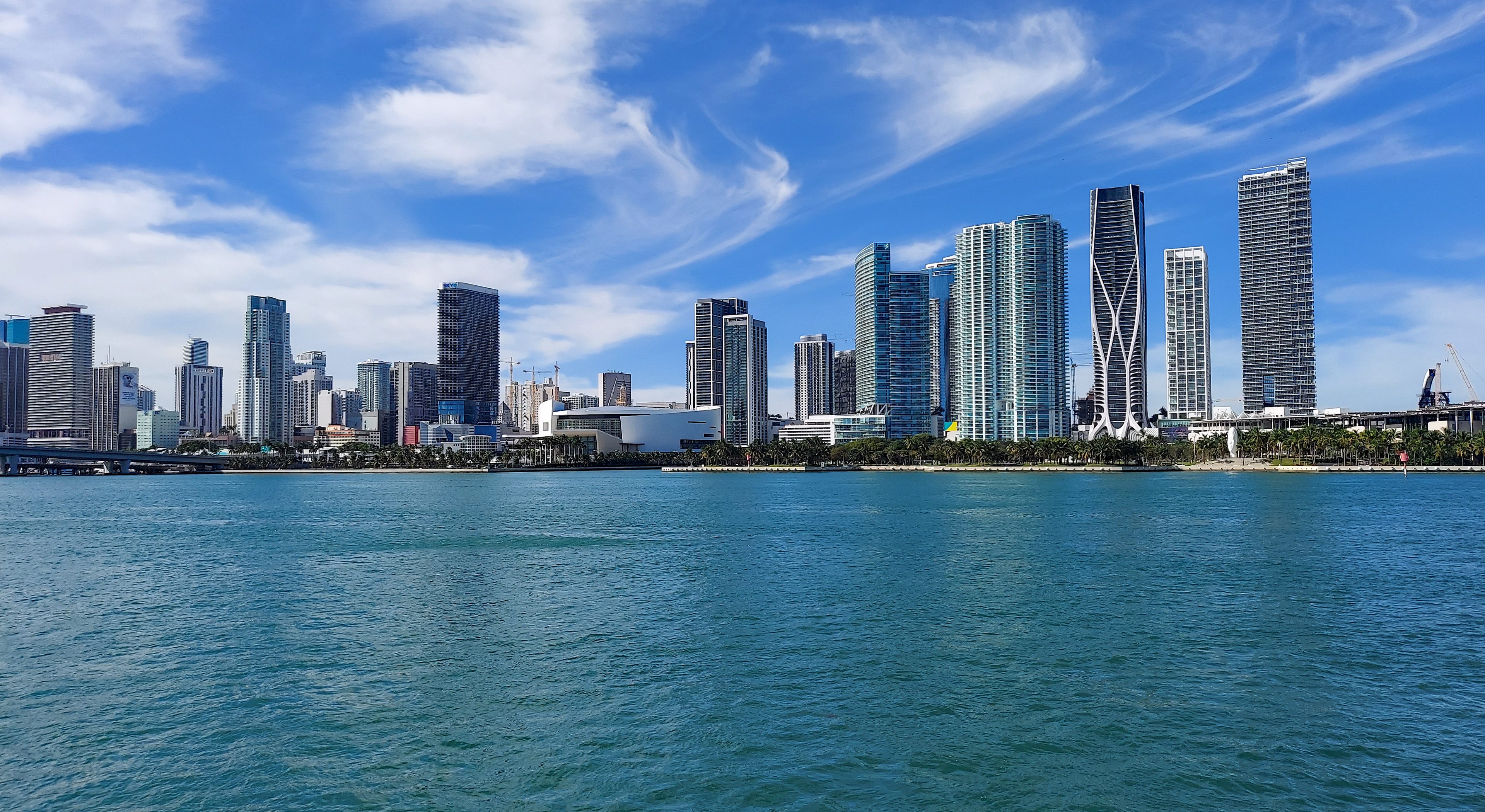 The downtown Miami skyline seen across Biscayne Bay on a clear day