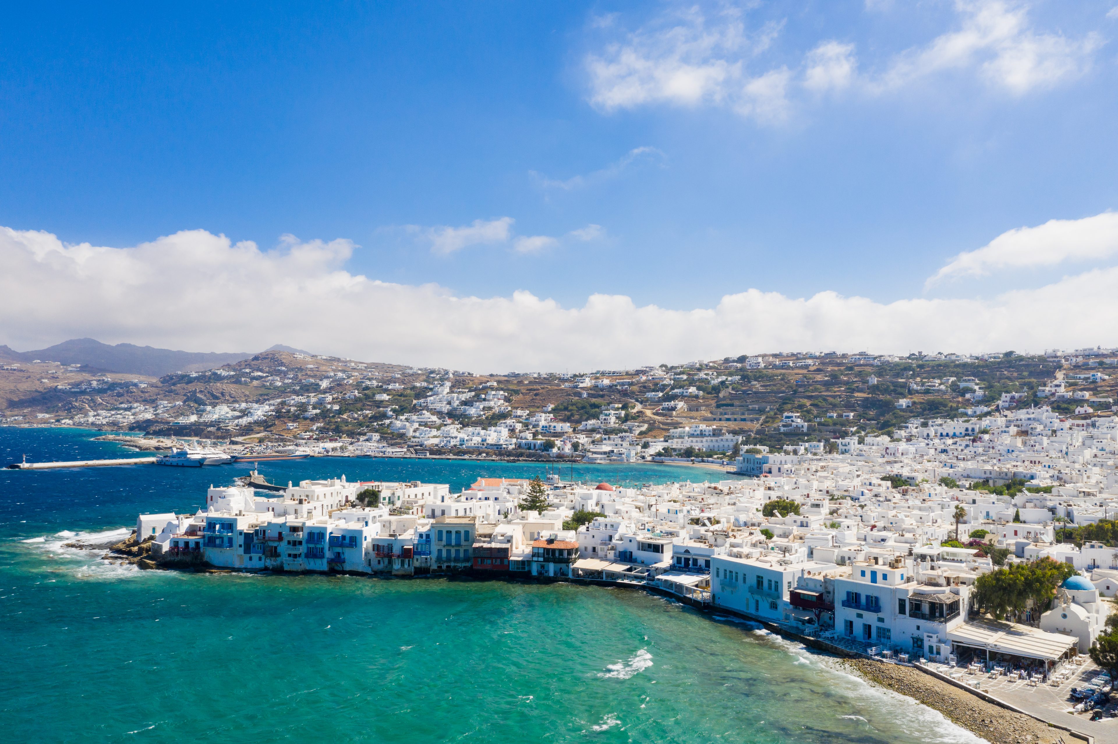Little Venice and the waterfront of Mykonos Town from the air