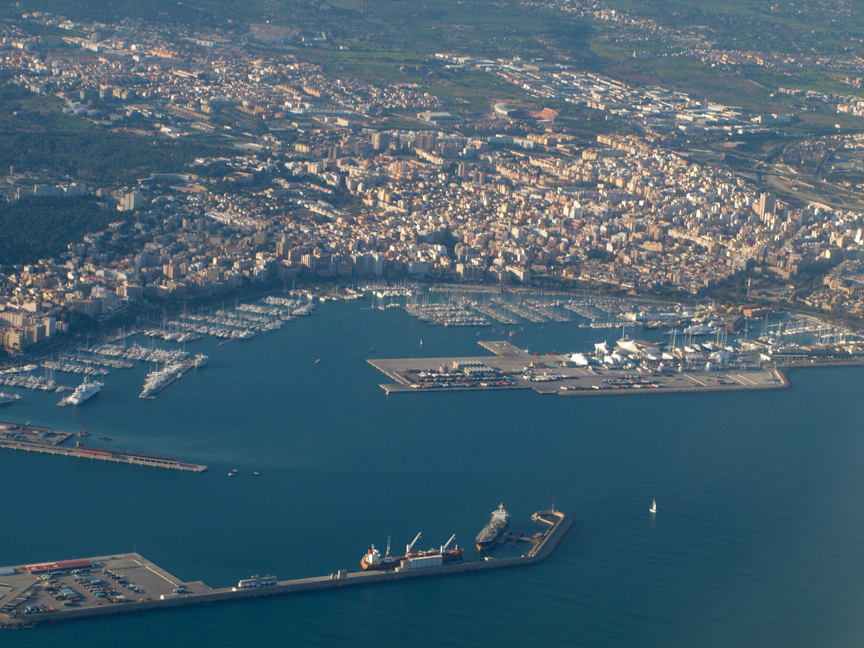 Aerial view of the port of Palma beside the old town