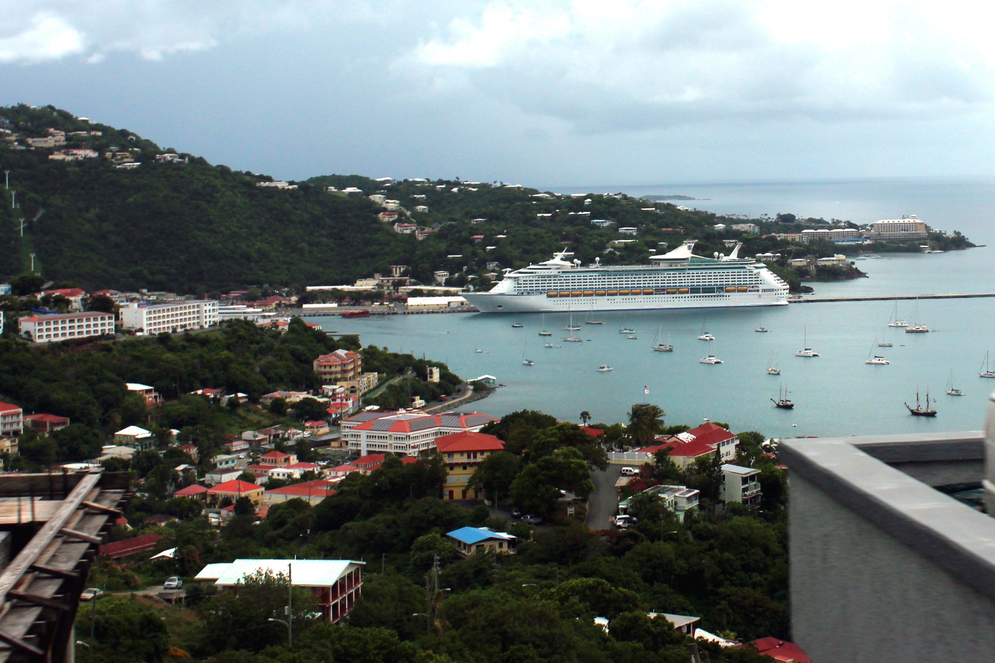 Charlotte Amalie harbor and town from above, with a cruise ship at the waterfront