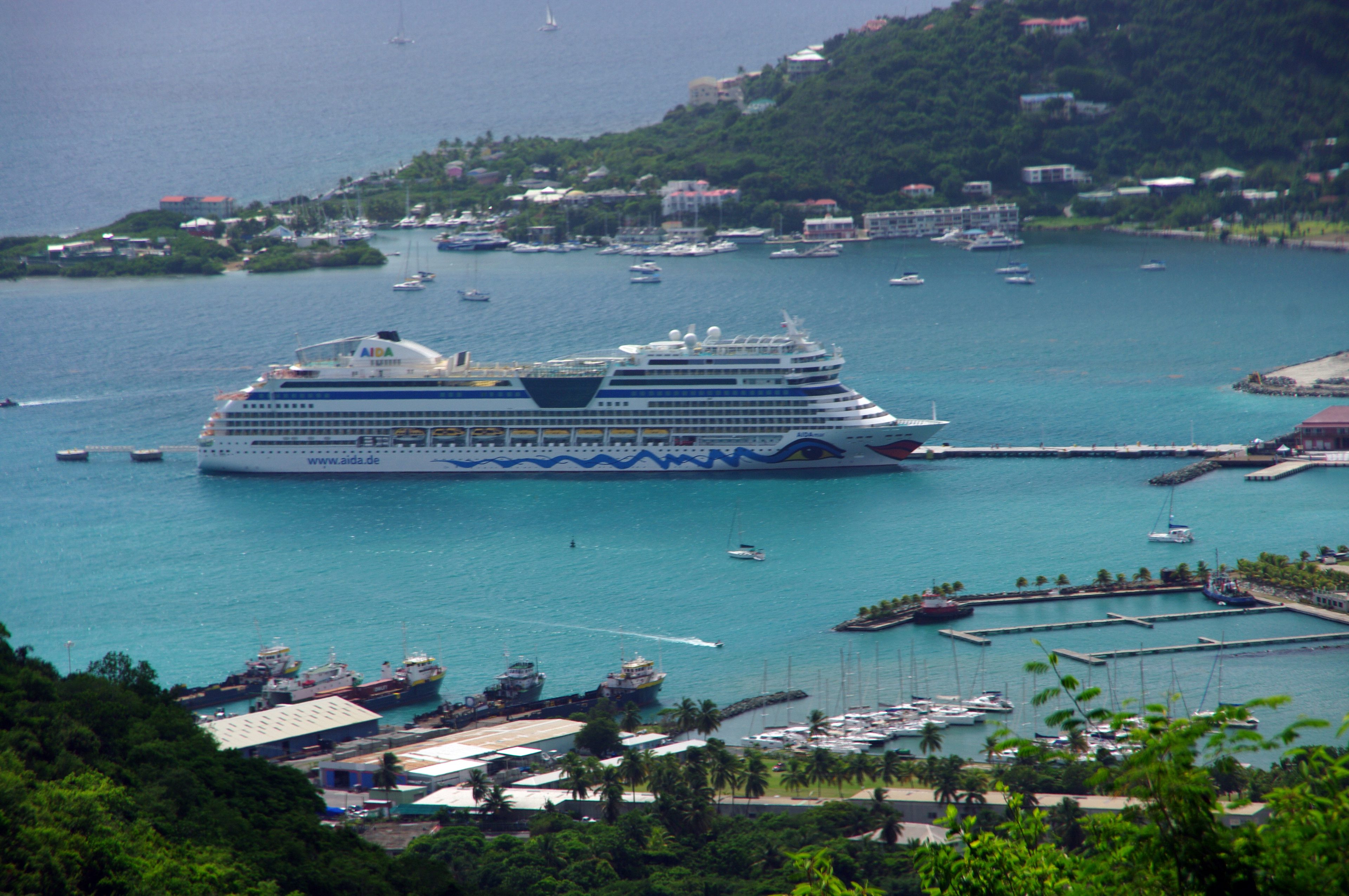 Road Town harbor and the cruise pier seen from Ridge Road